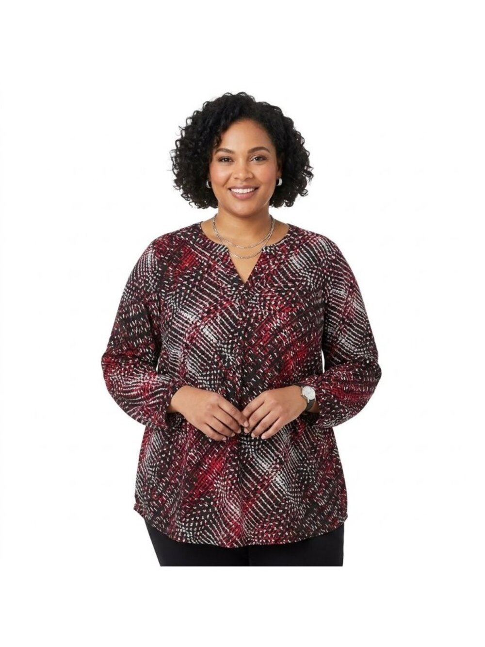 Catherines Tunic Top Womens 5X Black Red Lace Up Geometric Chiffon Work Career